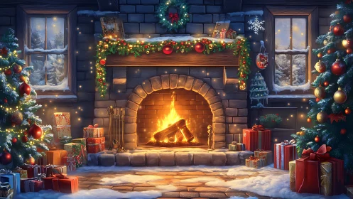 Cozy Christmas fireplace scene framed by snowy windows