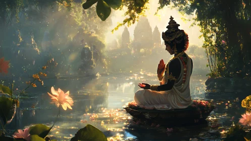 Meditating deity figure on lotus above reflective forest pool.