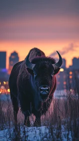Bison standing in snowy field against urban skyline at dusk.