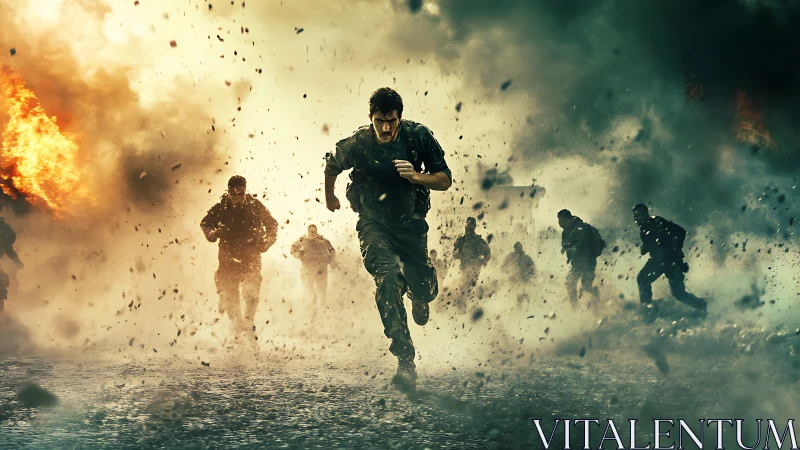 Soldier sprinting through chaos with courage and raw resolve.