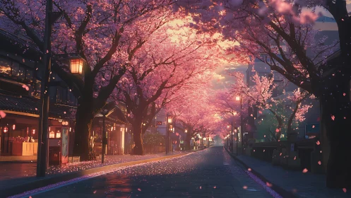 Twilight cherry blossom street glows under lantern light.