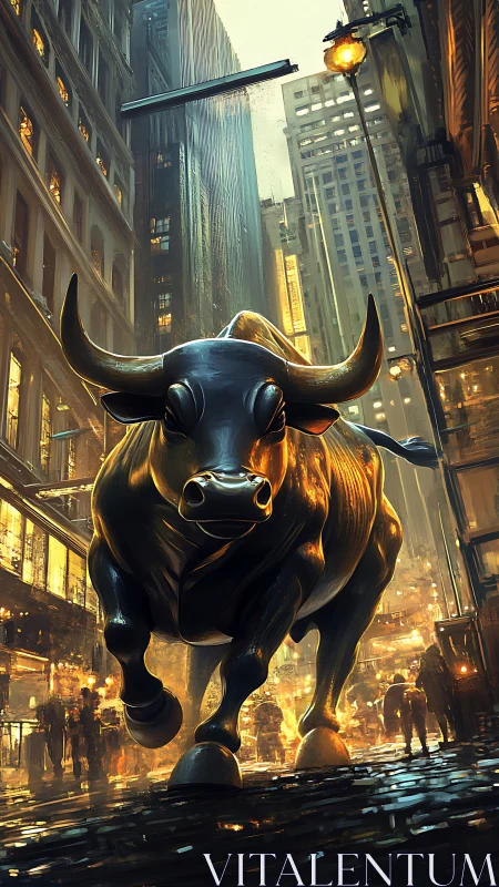 Charging metallic bull dominates rainy neon city street.