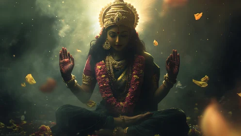 Seated female deity figure in lotus pose with floral garlands.