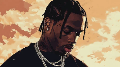 Pensive man in stylized portrait against cloudy sky.