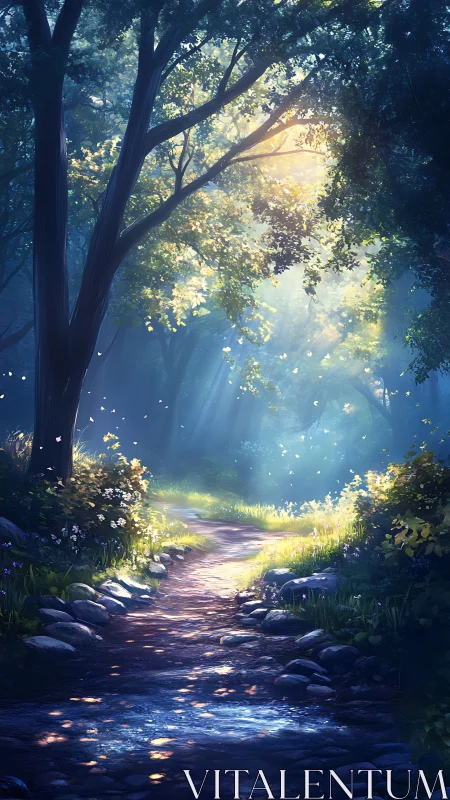 Enchanted Forest Path Glowing with Golden Sunlight