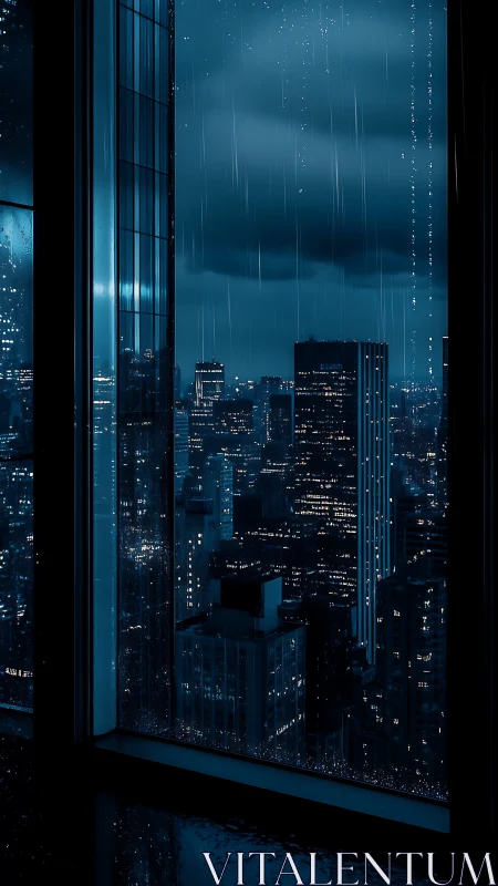 High-rise window view of rainy illuminated cityscape at night.