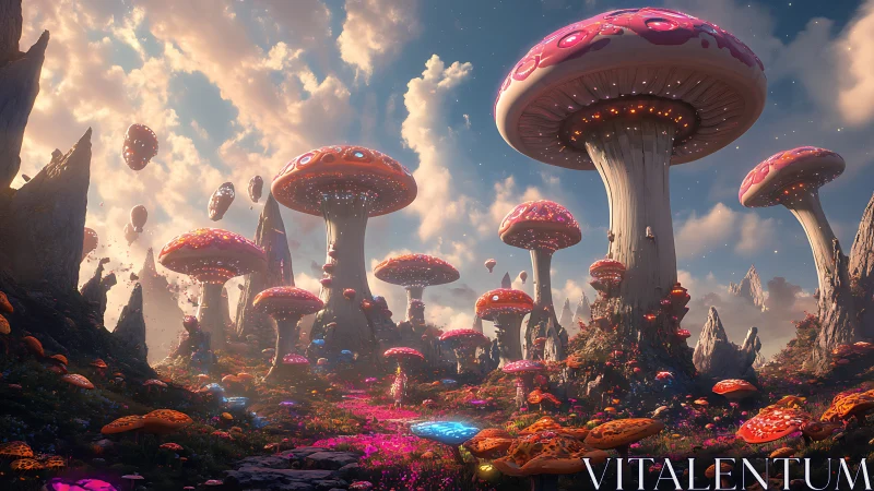 Rendered landscape shows oversized luminous mushrooms in daylight
