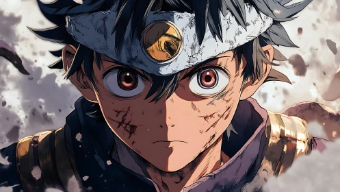 Battle-worn anime warrior with headband in close focus.