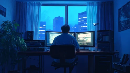 Quiet night coder gazes at glowing screens above the city
