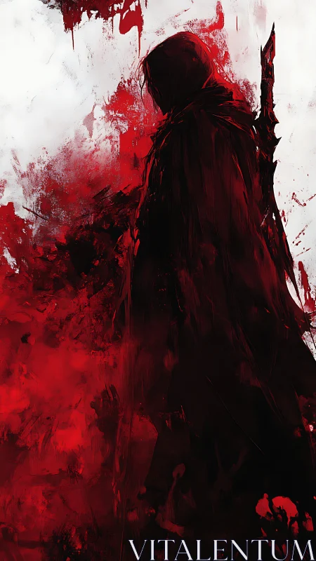 Crimson cloaked wanderer paused in a storm of brushstrokes.