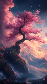 Twisting sakura tree above luminous cloud valley at dusk.