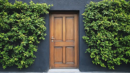 Natural wood door contrasts dark wall and dense green vines
