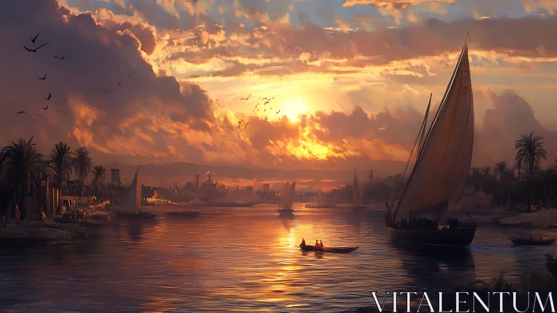 Sunlit river sails drift home beneath embers of desert sky