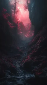 Narrow ravine with pink mist and glowing foliage at dusk.