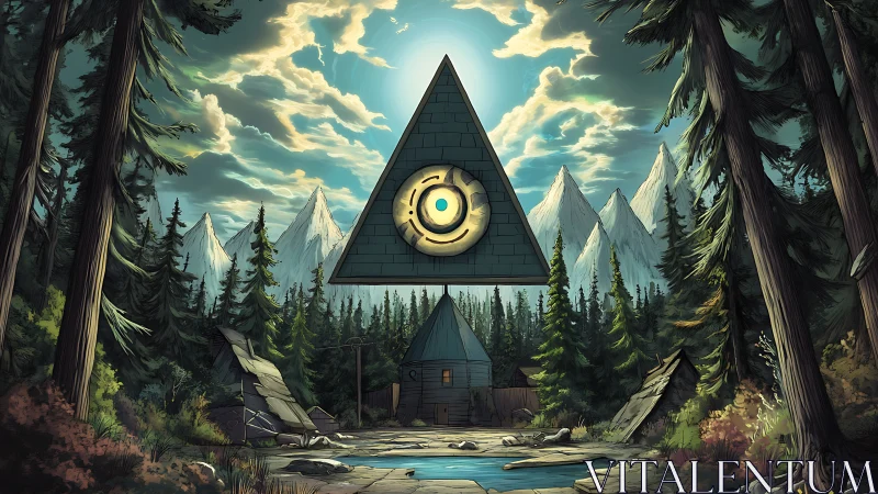 Triangular floating eye over forest cabin and alpine range