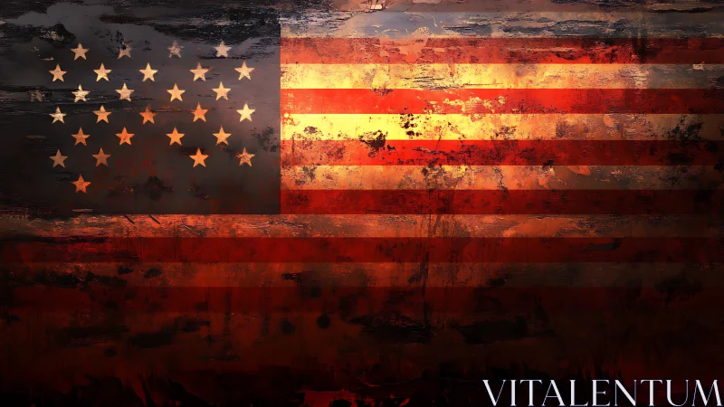 Weathered American flag glows through distressed darkness