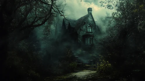 Stone house stands within dense forest under diffused light