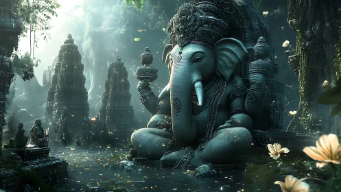 Elephant-headed stone deity amid overgrown temple ruins.