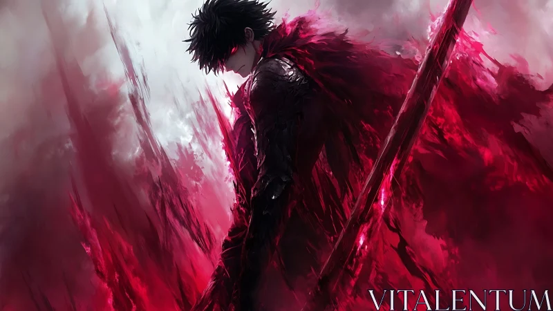 Crimson entropy warrior in turbulent volumetric cloak field.