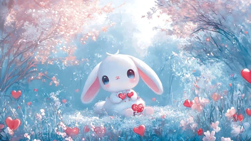 Bunny of borrowed hearts in a sugarblush dream meadow.