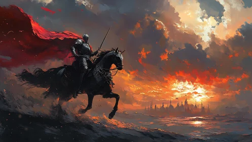 Armored knight rides toward a burning sunset citadel.