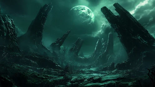 Alien canyon encircles glowing green planet under storm clouds