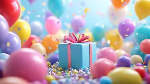 Vibrant 3D Celebration Scene with Balloons and Gift Box.