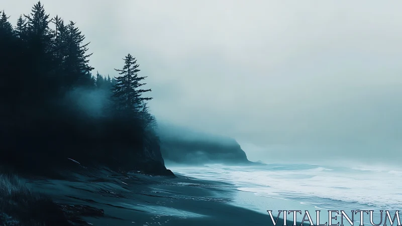 Foggy evergreen coastline with cliffs and overcast sky.