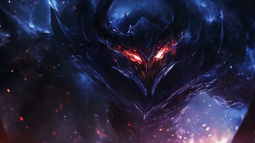 Demonic void titan emerges with burning eyes from swirling darkness