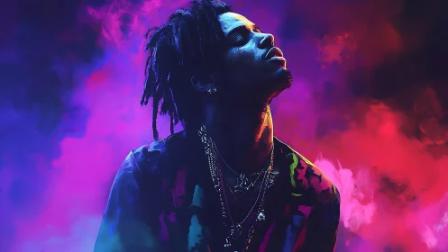 Neon-lit portrait isolates a singer in vaporous chromatic haze