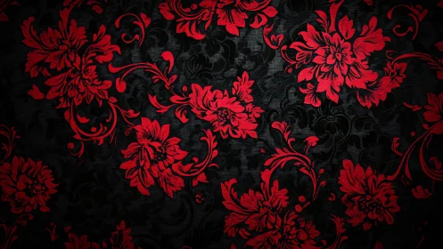 Red floral damask pattern glows over dark textured fabric
