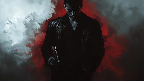 Brooding lone figure wrapped in dramatic red shadowed smoke.