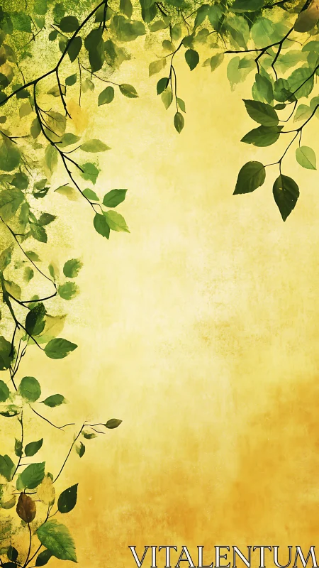 Vertical botanical frame with green foliage on textured gold