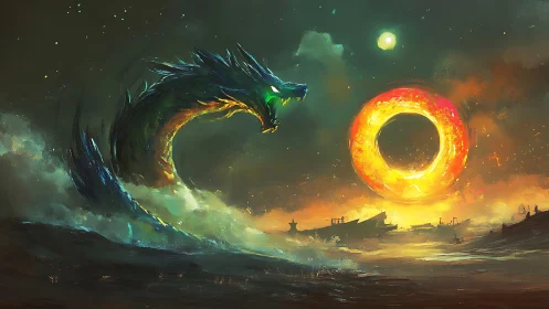 Sea dragon roars defiantly at a blazing cosmic portal