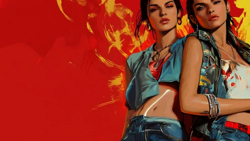 Defiant twin figures command a blazing red urban canvas