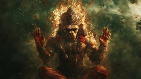 Fiery simian deity portrait renders mythic divine energy