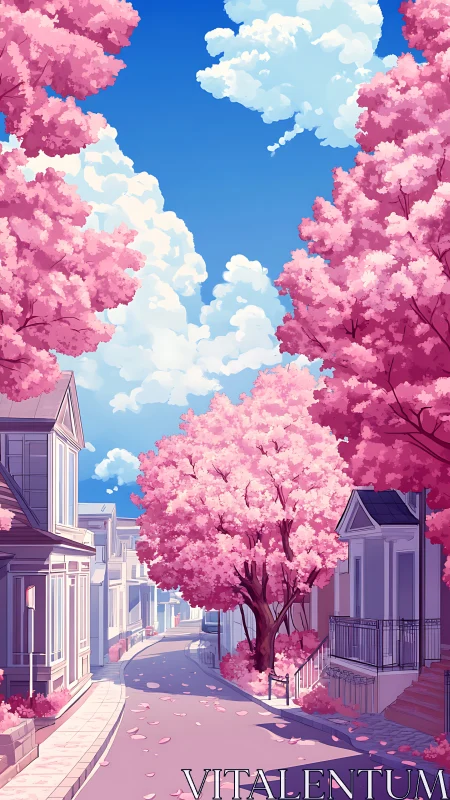 Pink-blossomed street curves beneath towering spring clouds.