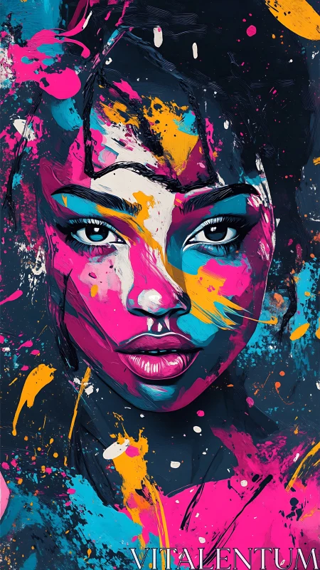 Neon-splashed portrait ignites a fierce, electric midnight muse.