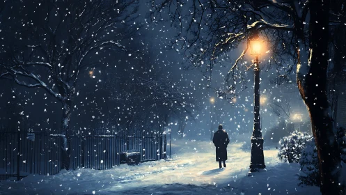 Solitary figure walks beneath glowing lamppost in snowy night