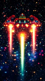 Pixel starship blasting neon thrusters through deep space.
