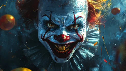 Horror clown portrait shows sharp teeth, smeared makeup, intense stare