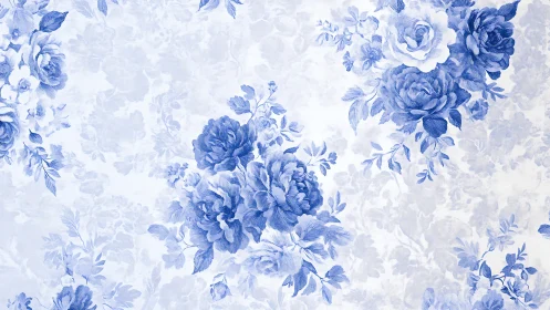 Soft blue floral wallpaper with vintage porcelain charm.