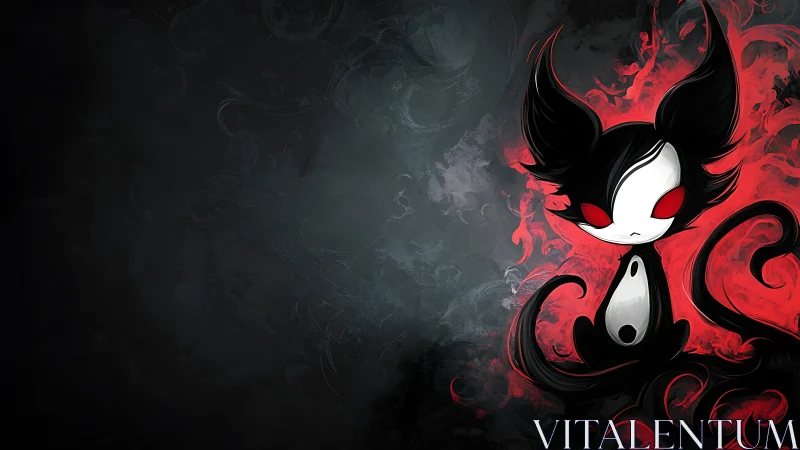 Stylized horned creature sits within red swirling smoke forms