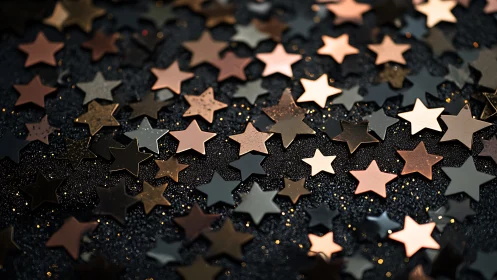 Metallic star confetti lies scattered on a textured surface