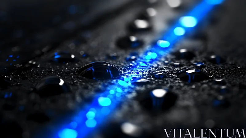 Blue light line intersects wet textured surface with droplets