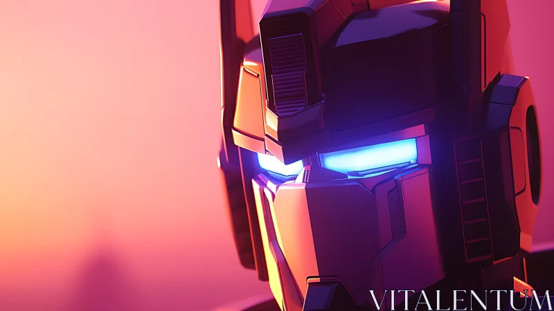 Neon dusk sentinel robot gazes through molten sunset glow.