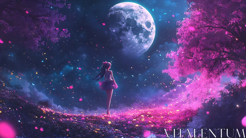 Solitary figure beneath full moon in luminous pink grove.