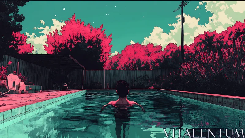 Person in backyard pool under vivid neon sky and trees.