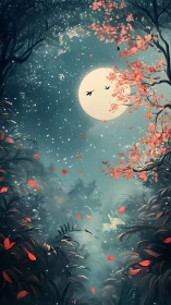 Nocturnal Forest Scene with Full Moon and Flowering Trees
