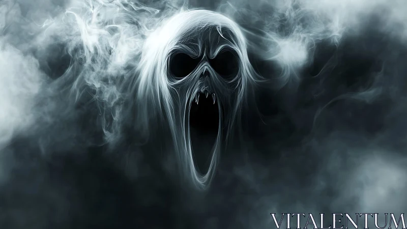 Spectral skull apparition emerges from swirling monochrome fog